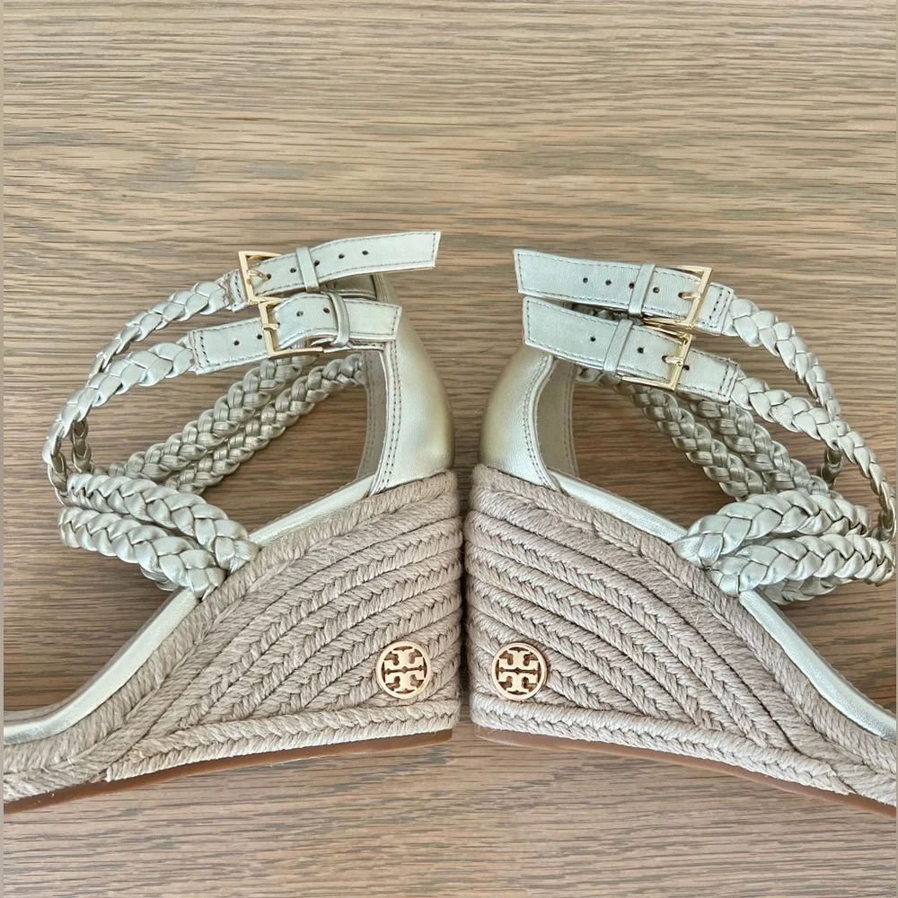 Tory Burch Bailey Metallic Leather Braid Espadrille Wedge Platform Sandals Gold - Picture 9 of 15